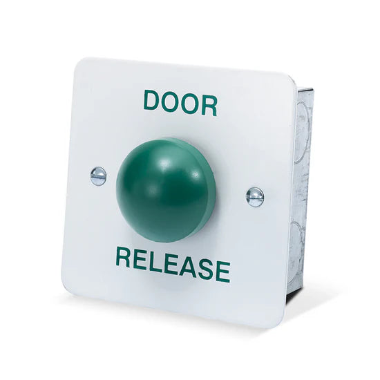 SecureMyDoor DRB007S Series dome exit button with a metal push plate and sleek design, mounted on a wall for emergency exit access.