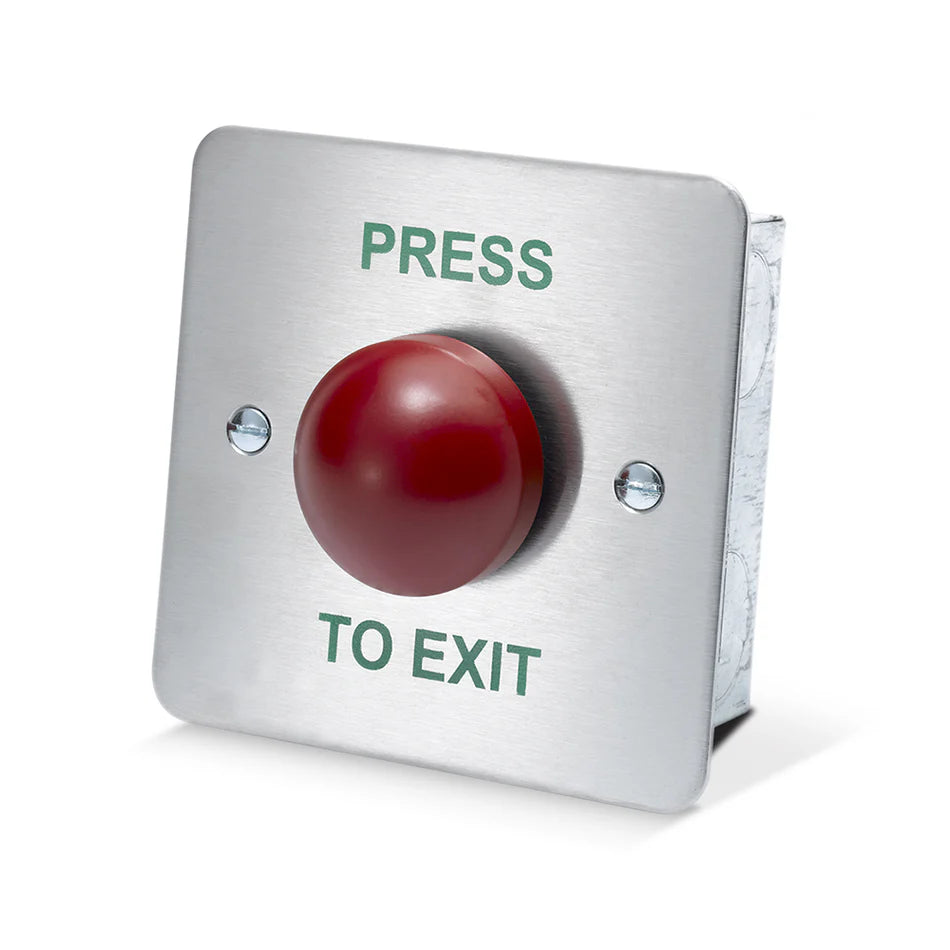 SecureMyDoor DRB010 Series dome exit button with push-to-exit function, mounted on a wall for emergency door release.