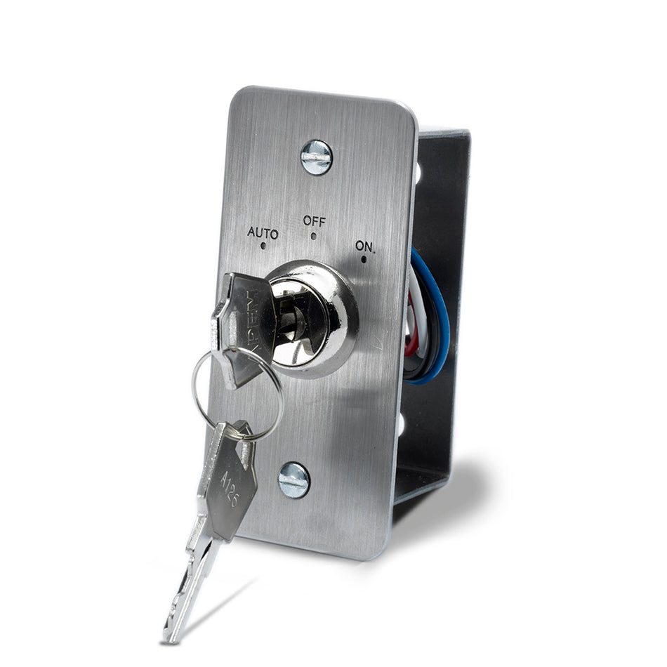 SecureMyDoor KS-001N-3POS key switch for exit devices, showing the three-position switch with wiring connections.