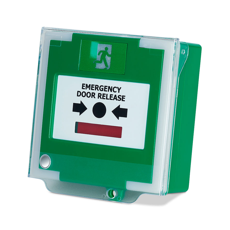SecureMyDoor MCP330-PRO resettable illuminated call point with cover, activation sounder, and timer for exit device safety.