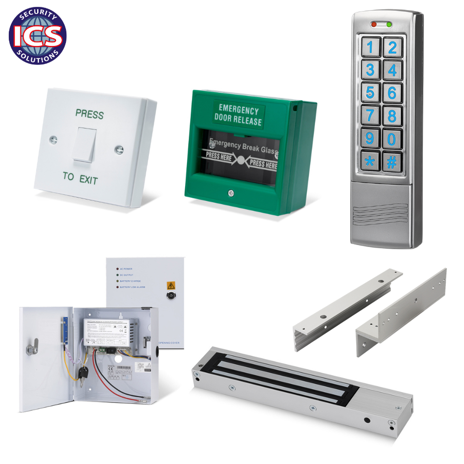 SecureMyDoor ONE K6 single door access kit with magnetic lock, including electronic keypad and door entry components.