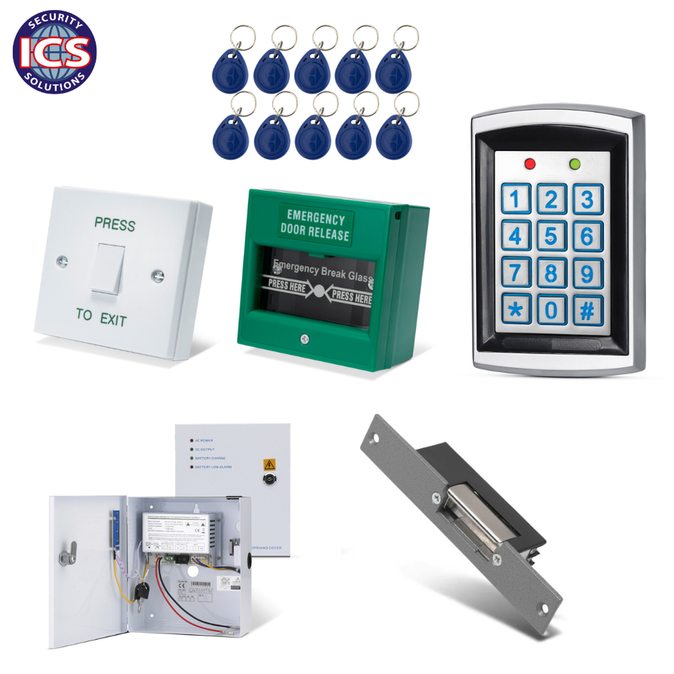 SecureMyDoor ONE K7 single door entry system kit with electric release, showing the control panel and wiring components.