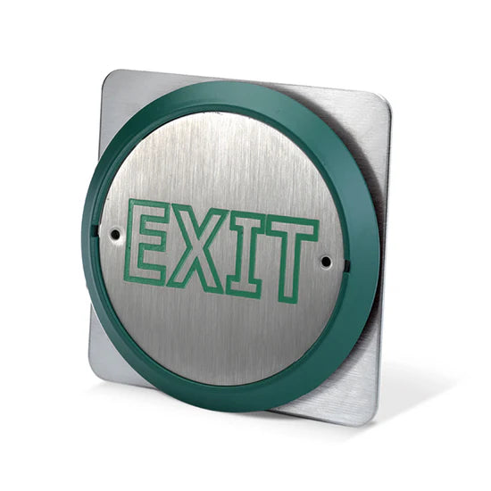 SecureMyDoor PBT-860BS Series exit button with a sleek black push plate and metal mounting hardware.