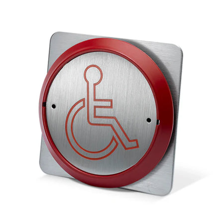 SecureMyDoor PBT-861BS Series exit button with red push plate and metal mounting hardware for emergency exit control.