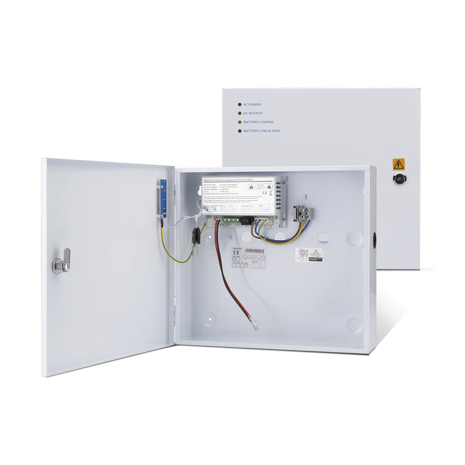 SecureMyDoor PS1A-12VL power supply for security systems, showing the compact device with input and output terminals.