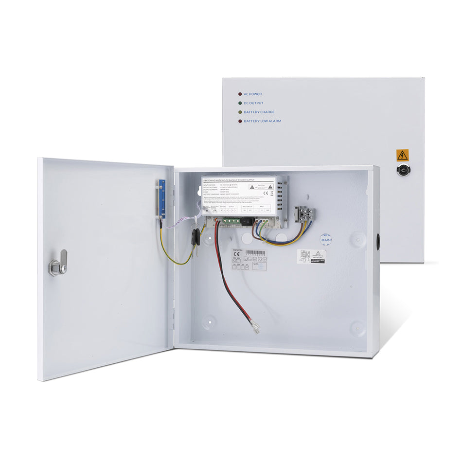 SecureMyDoor PS3A-12VL power supply for security equipment, featuring compact design and connection ports for reliable operation.