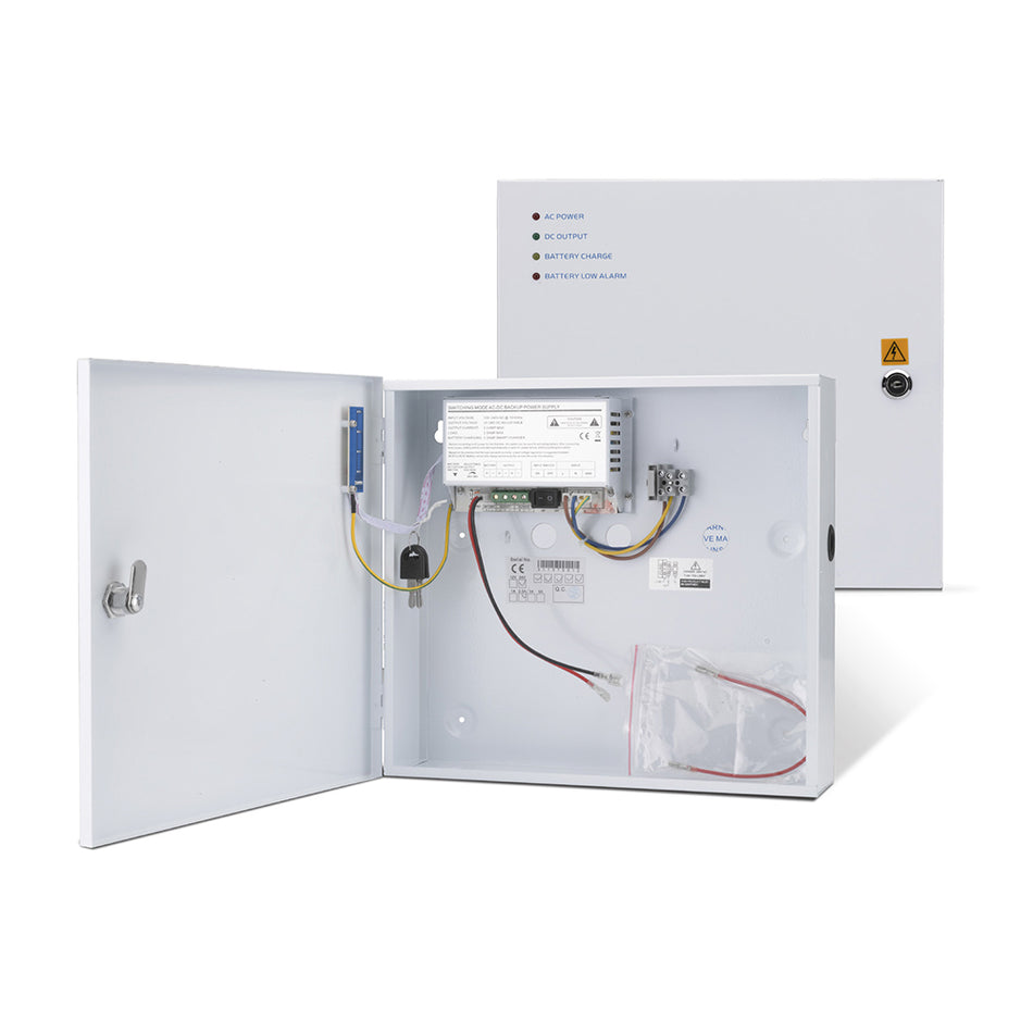 SecureMyDoor PS3A-24VL power supply for additional equipment, shown with cables and connectors in the image.