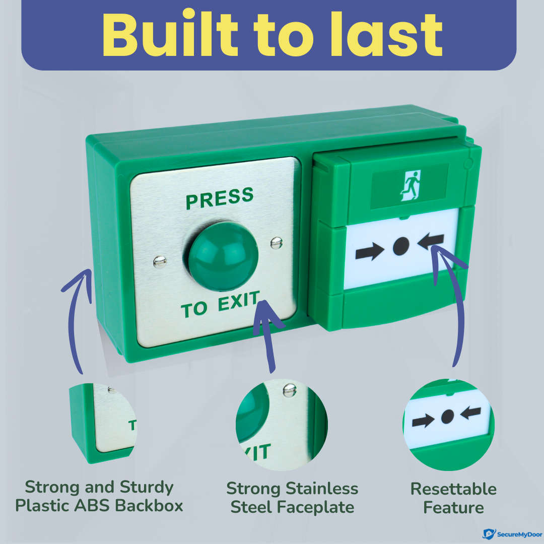 Exit Button & Resettable Call Point Dual Unit - Strong Surface Mount Backbox with Easy Installation, Brushed Stainless Steel Exit Button - Ideal for Commercial & Residential Buildings