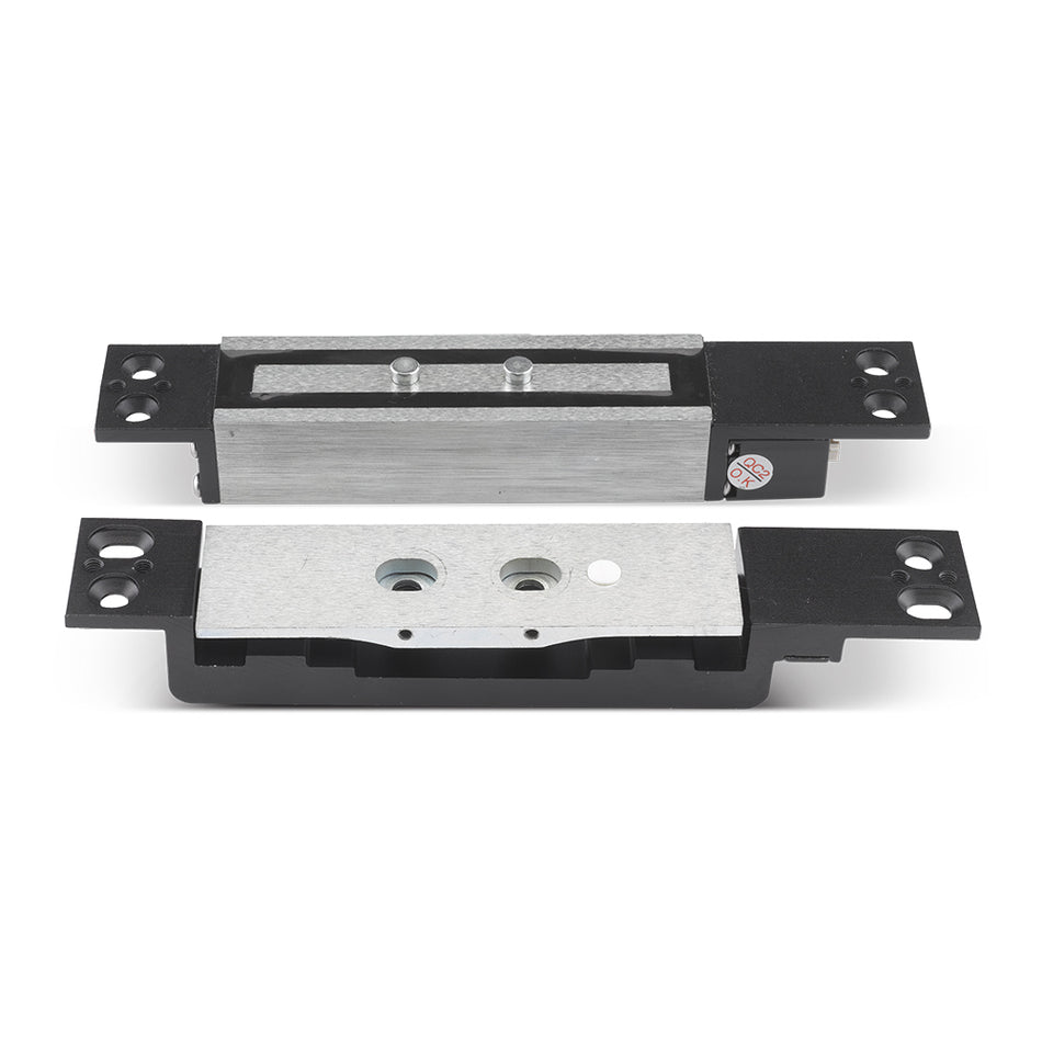 SecureMyDoor FR-SL500 Micro Shear-Lock showing compact shearlock with locking mechanism and mounting plate on a neutral background.