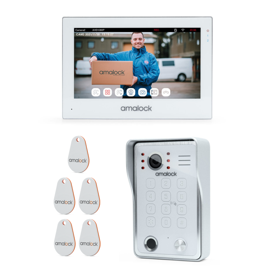 SecureMyDoor SV2 smart video entry with 7-inch screen, featuring a sleek black doorbell and camera for home security.
