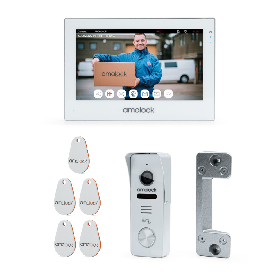 SecureMyDoor Amalock Smart Living SV3 10-inch screen smart video entry system with camera and sleek black design.
