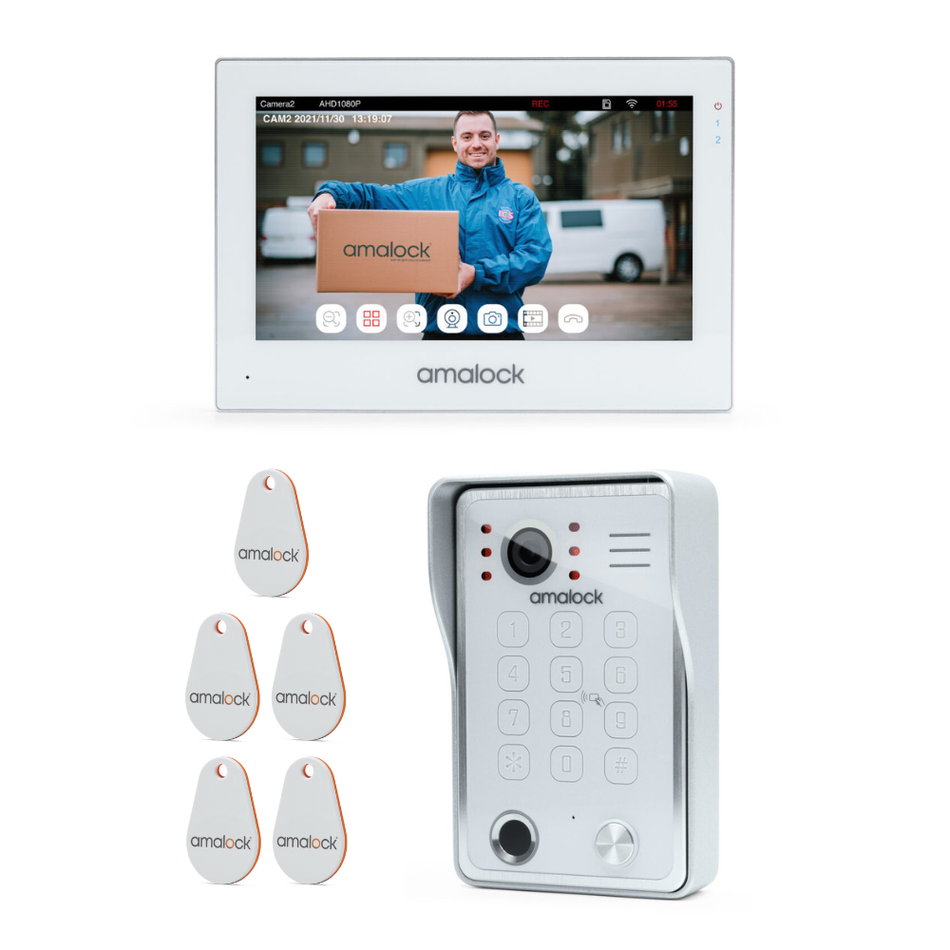 SecureMyDoor Amalock SV4 10-inch smart video entry screen showing a modern door intercom with video display and control buttons.
