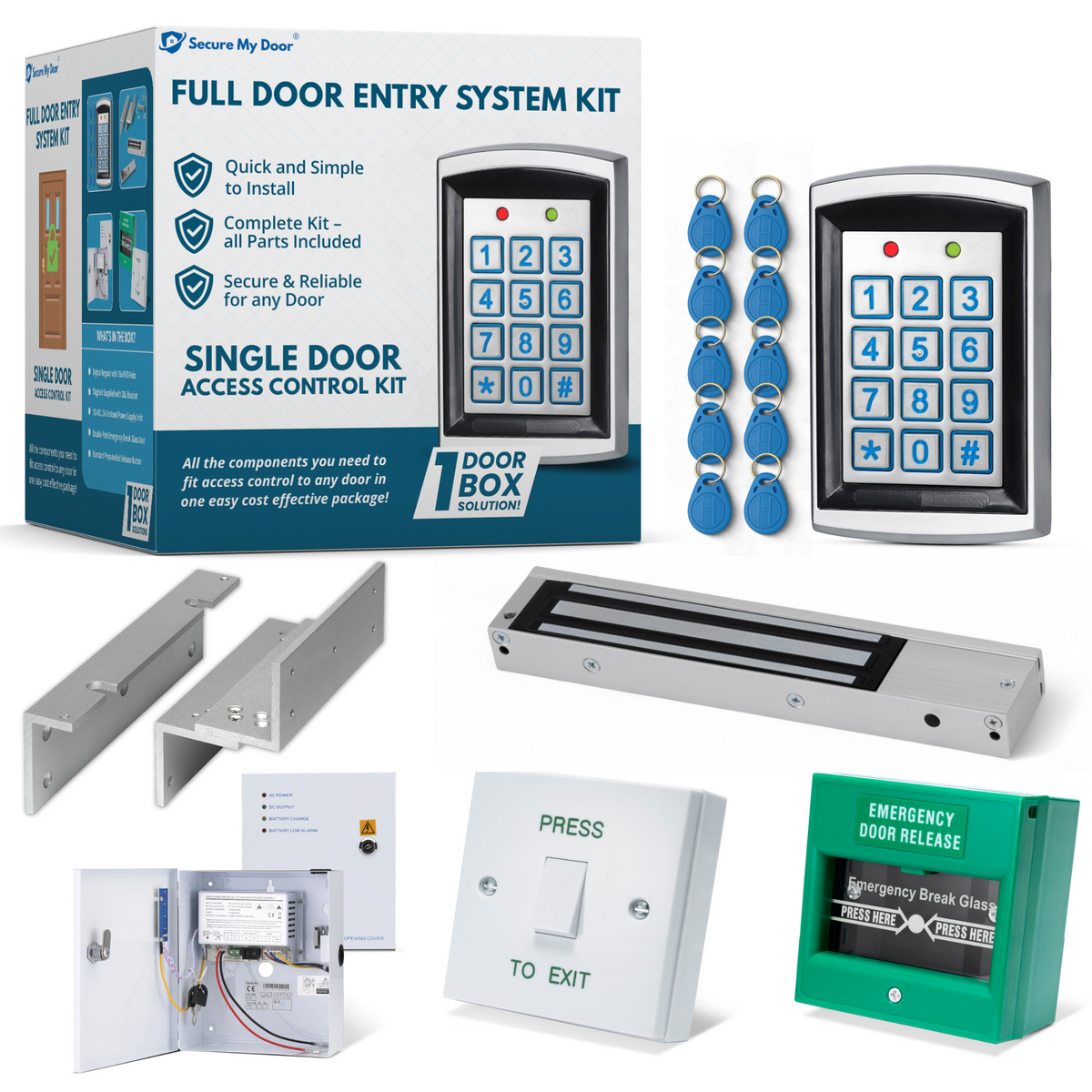 Full Door Entry Kit | Access Control System with Electric Maglock Lock | Proximity Keypad Entry with x10 RFID Proximity Fobs Included - SecureMyDoor