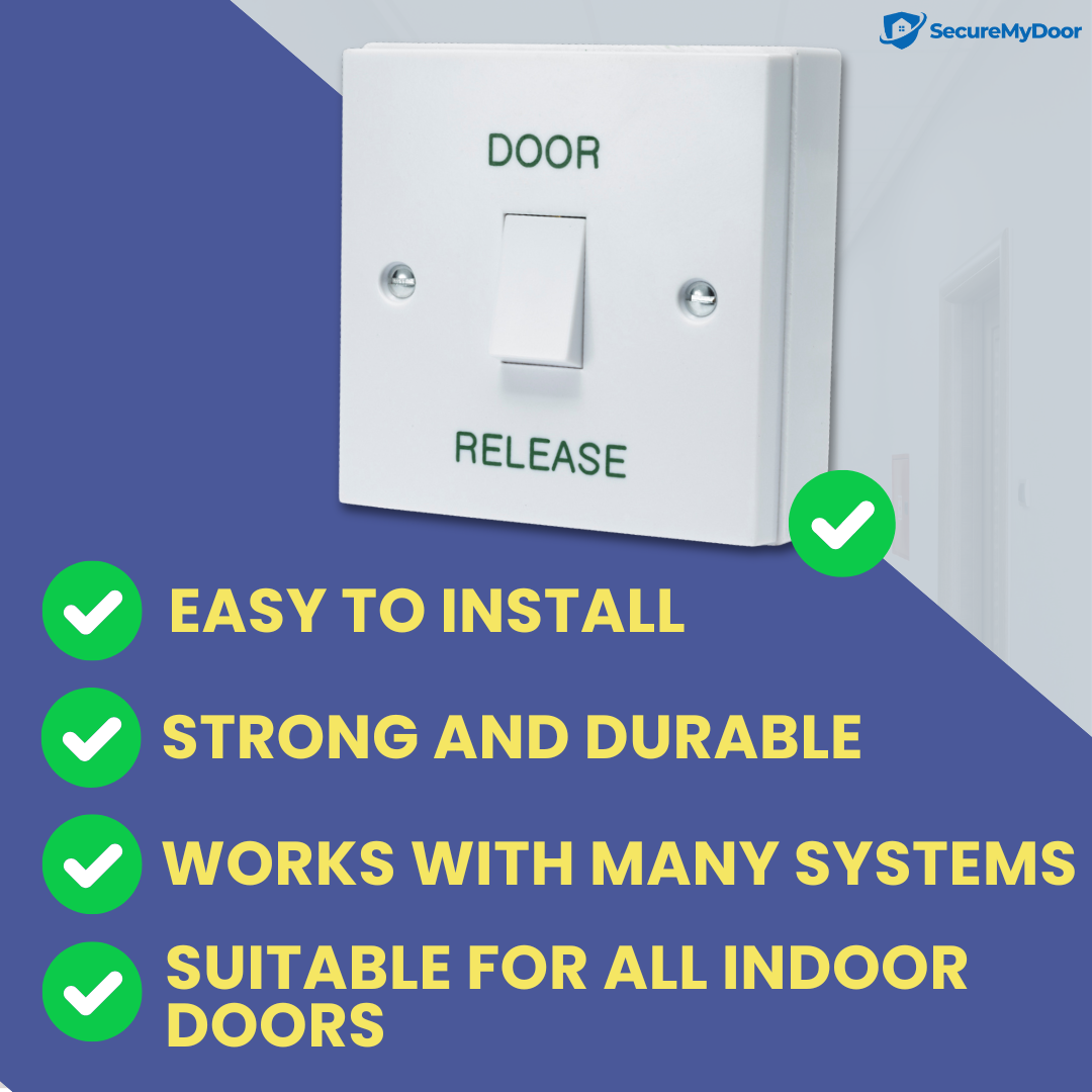 DOOR RELEASE Button - White Gloss Plastic Press to Exit Switch - Perfect for Access Control Systems in Commercial & Residential Buildings - Surface Mount Design