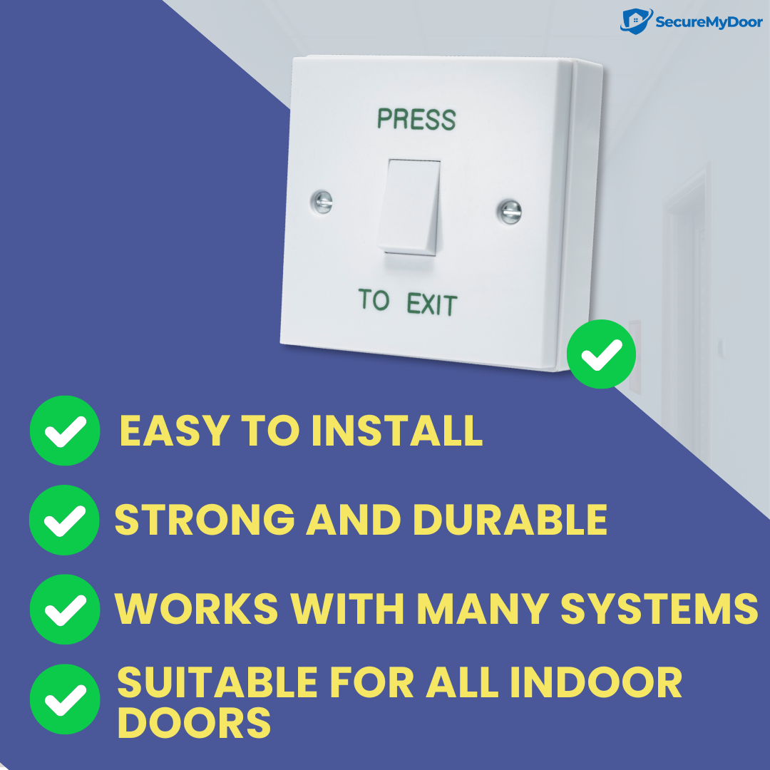 PRESS TO EXIT Button - Gloss White Plastic Door Release Switch - Perfect for Access Control Systems in Commercial & Residential Settings - Easy Surface Mount Installation