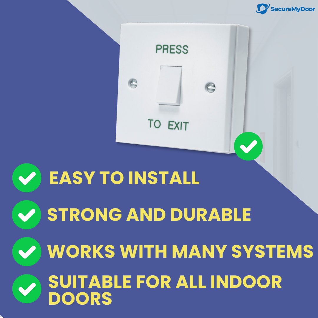 PRESS TO EXIT Button - Gloss White Plastic Door Release Switch - Perfect for Access Control Systems in Commercial & Residential Settings - Easy Surface Mount Installation - SecureMyDoor