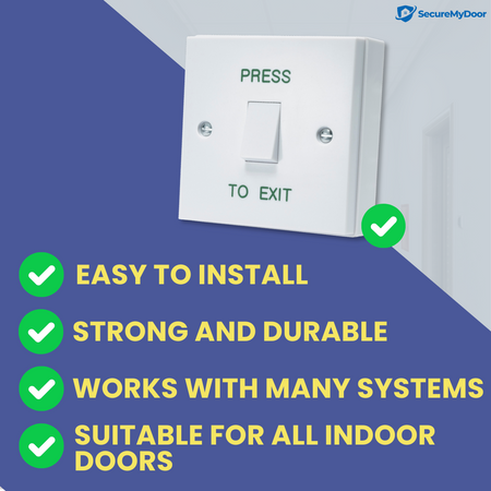 PRESS TO EXIT Button - Gloss White Plastic Door Release Switch - Perfect for Access Control Systems in Commercial & Residential Settings - Easy Surface Mount Installation - SecureMyDoor