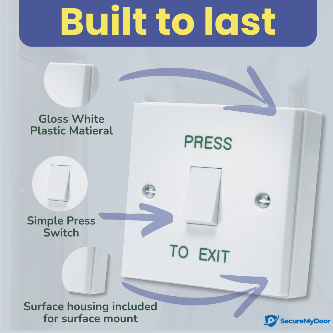 PRESS TO EXIT Button - Gloss White Plastic Door Release Switch - Perfect for Access Control Systems in Commercial & Residential Settings - Easy Surface Mount Installation