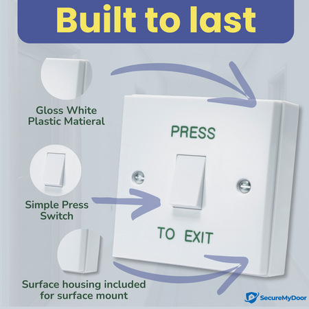PRESS TO EXIT Button - Gloss White Plastic Door Release Switch - Perfect for Access Control Systems in Commercial & Residential Settings - Easy Surface Mount Installation - SecureMyDoor