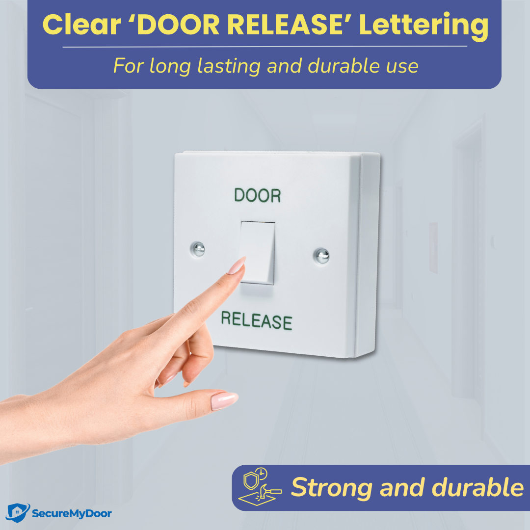 DOOR RELEASE Button - White Gloss Plastic Press to Exit Switch - Perfect for Access Control Systems in Commercial & Residential Buildings - Surface Mount Design