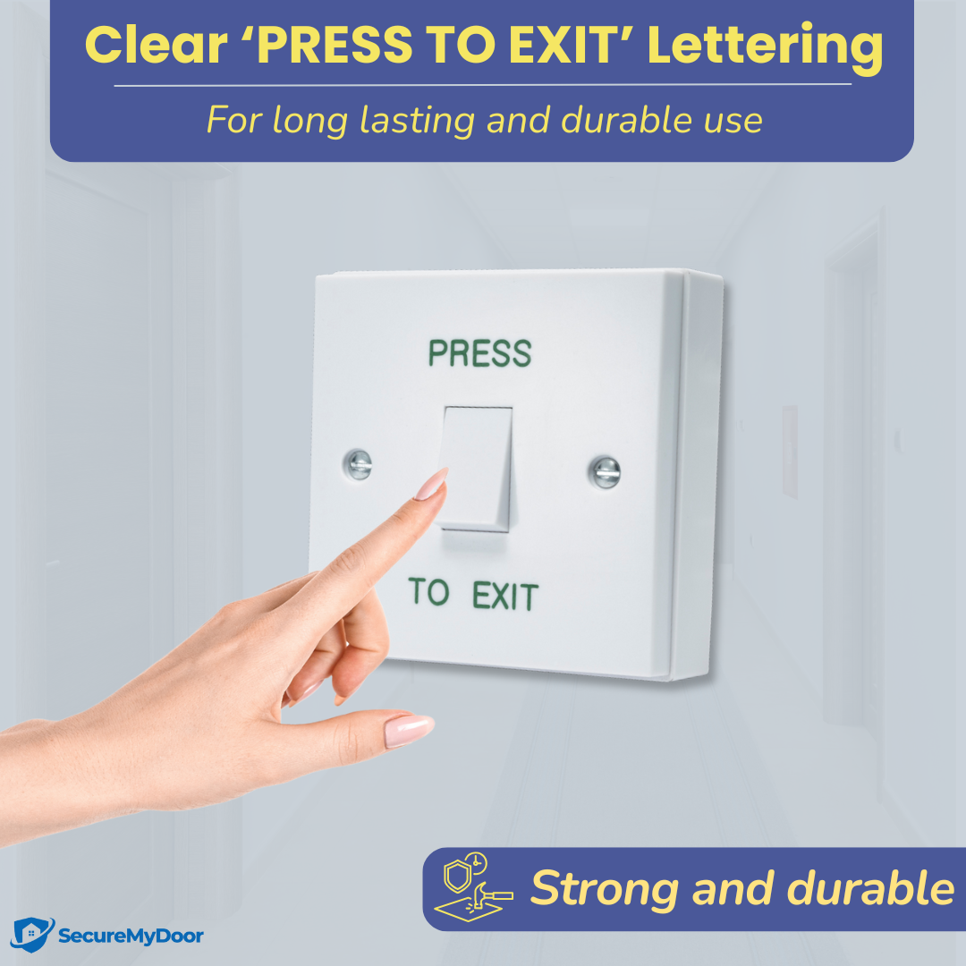 PRESS TO EXIT Button - Gloss White Plastic Door Release Switch - Perfect for Access Control Systems in Commercial & Residential Settings - Easy Surface Mount Installation