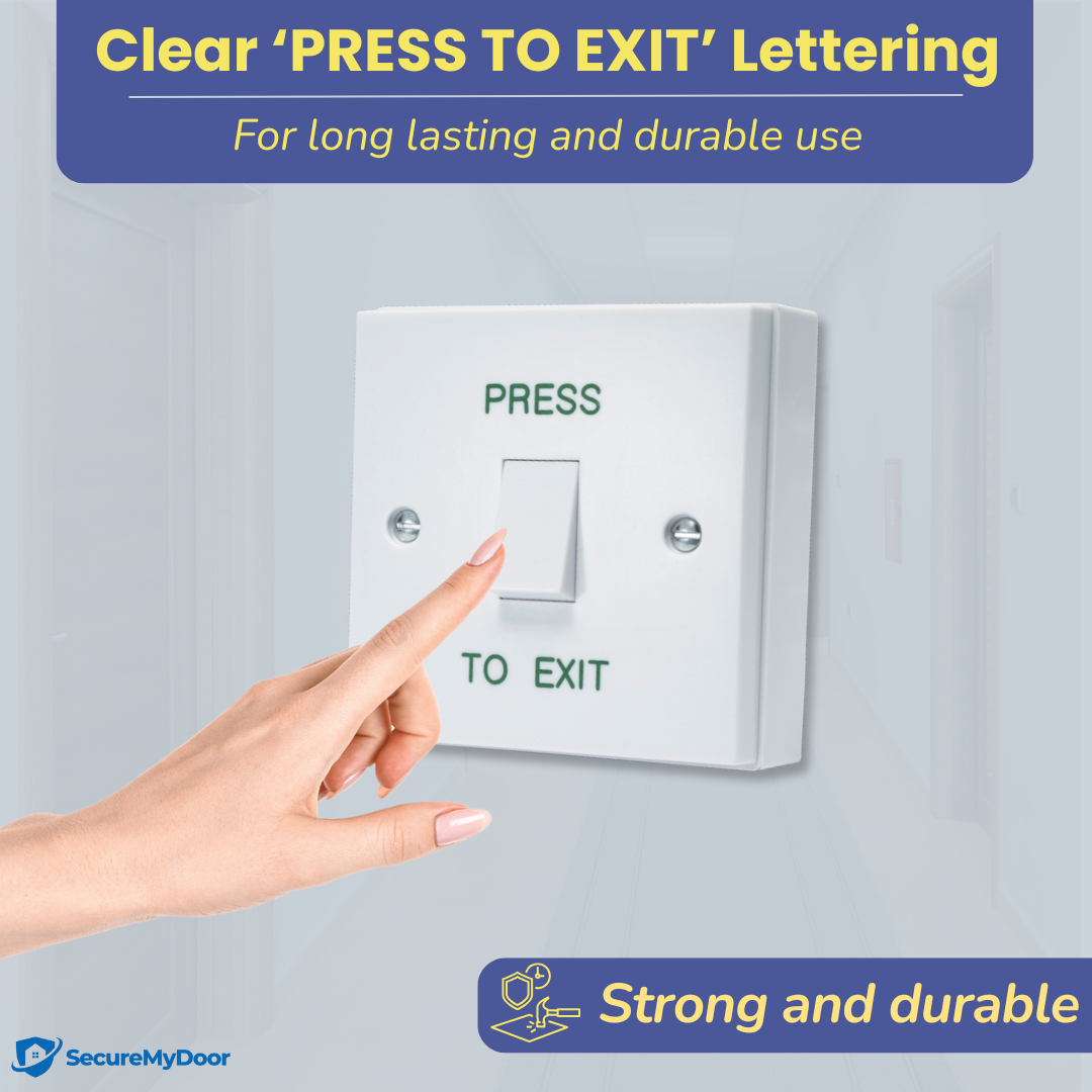 PRESS TO EXIT Button - Gloss White Plastic Door Release Switch - Perfect for Access Control Systems in Commercial & Residential Settings - Easy Surface Mount Installation - SecureMyDoor