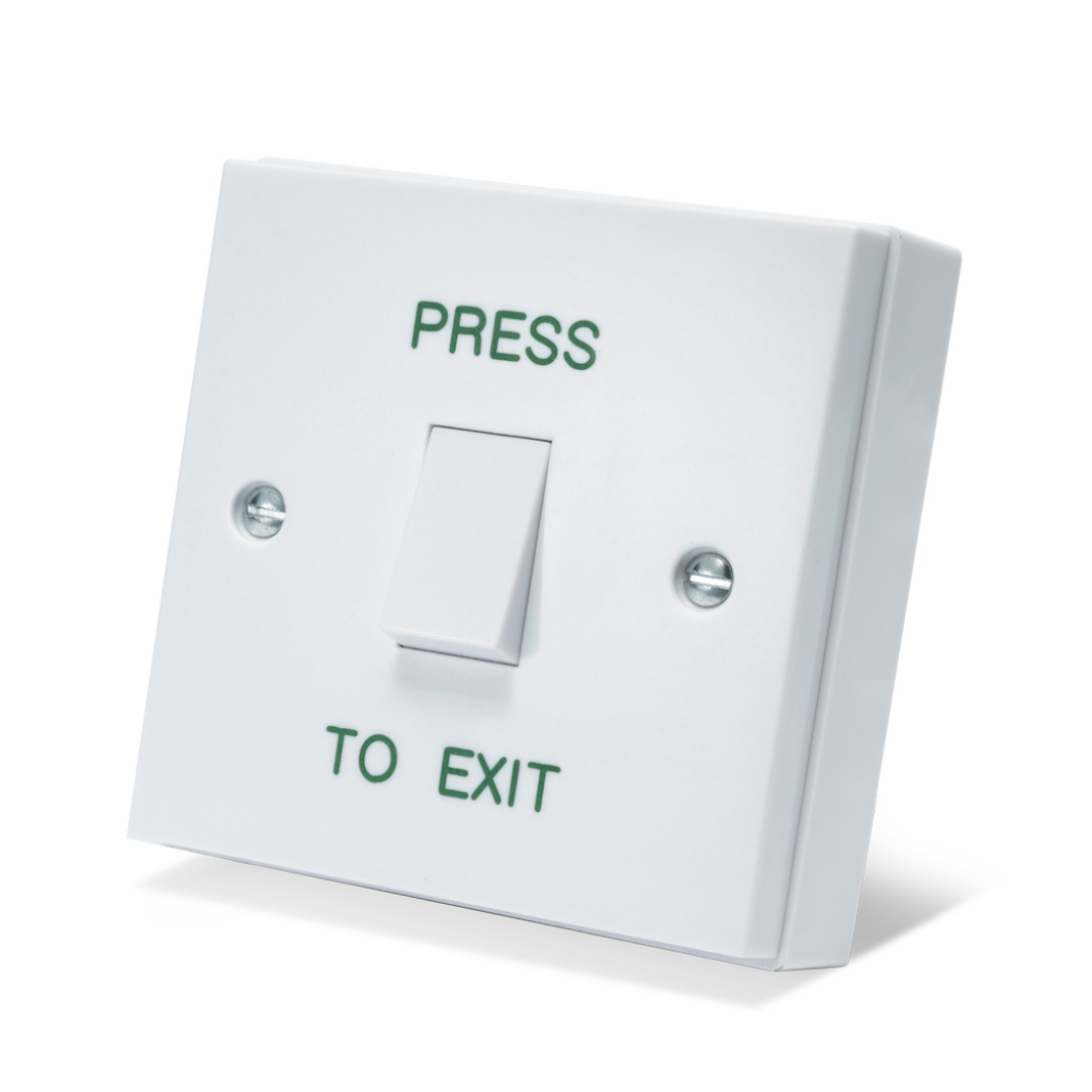 PRESS TO EXIT Button - Gloss White Plastic Door Release Switch - Perfect for Access Control Systems in Commercial & Residential Settings - Easy Surface Mount Installation - SecureMyDoor