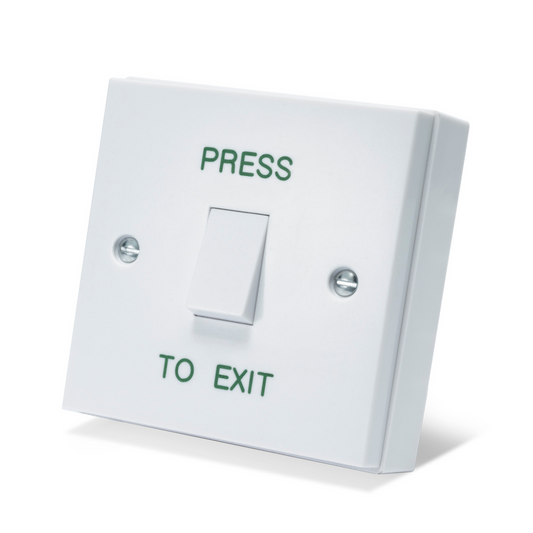 PRESS TO EXIT Button - Gloss White Plastic Door Release Switch - Perfect for Access Control Systems in Commercial & Residential Settings - Easy Surface Mount Installation