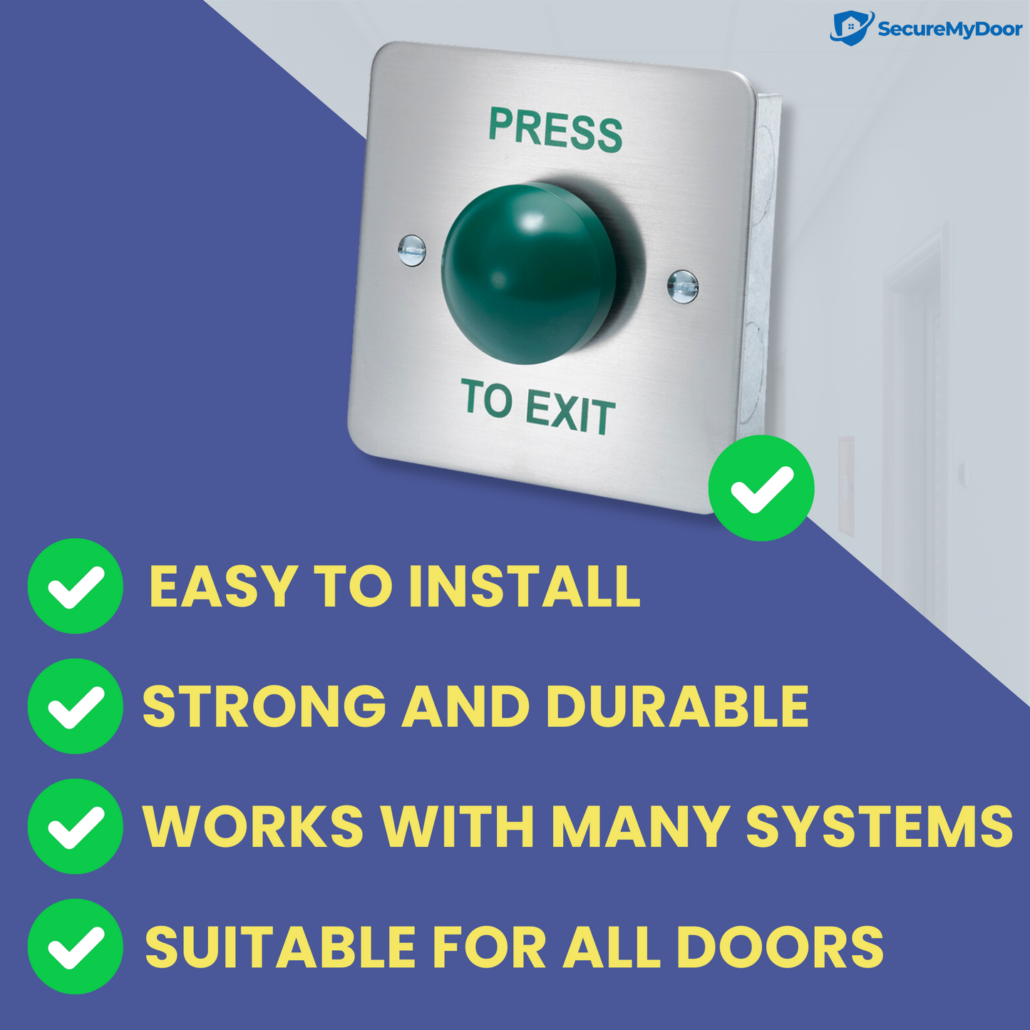 PRESS TO EXIT Green Dome Button Push Door Release Switch - Brushed Stainless Steel with Flush Mount Design - Ideal for Commercial, Residential and Industrial Buildings