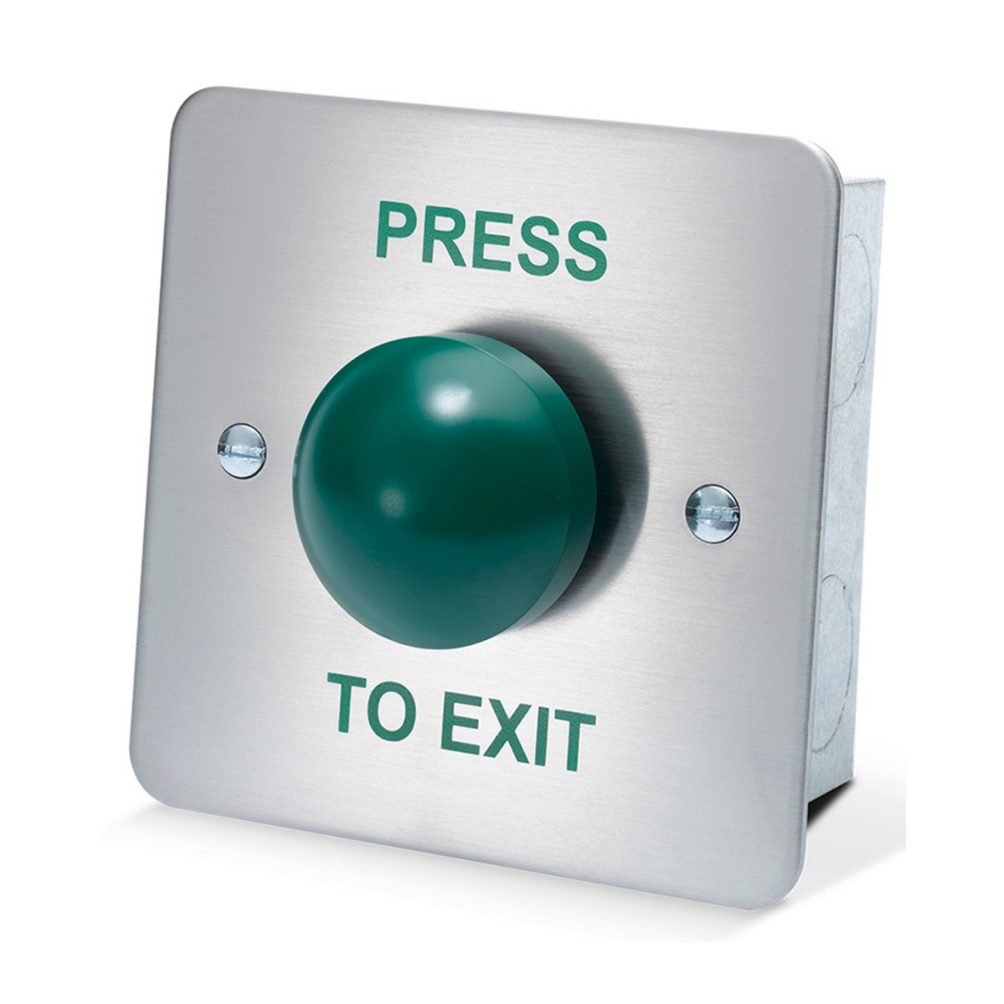 PRESS TO EXIT Green Dome Button Push Door Release Switch - Brushed Stainless Steel with Flush Mount Design - Ideal for Commercial, Residential and Industrial Buildings