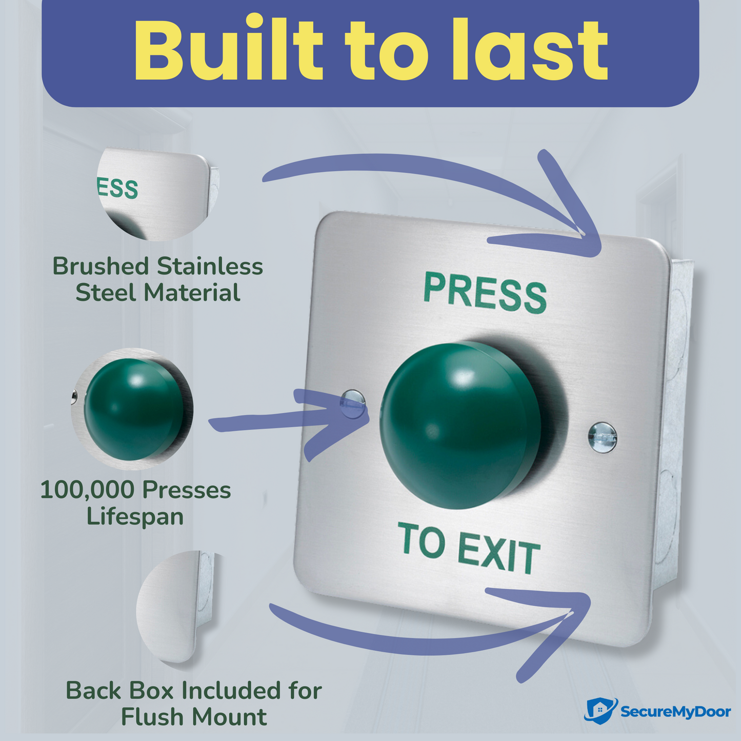 PRESS TO EXIT Green Dome Button Push Door Release Switch - Brushed Stainless Steel with Flush Mount Design - Ideal for Commercial, Residential and Industrial Buildings