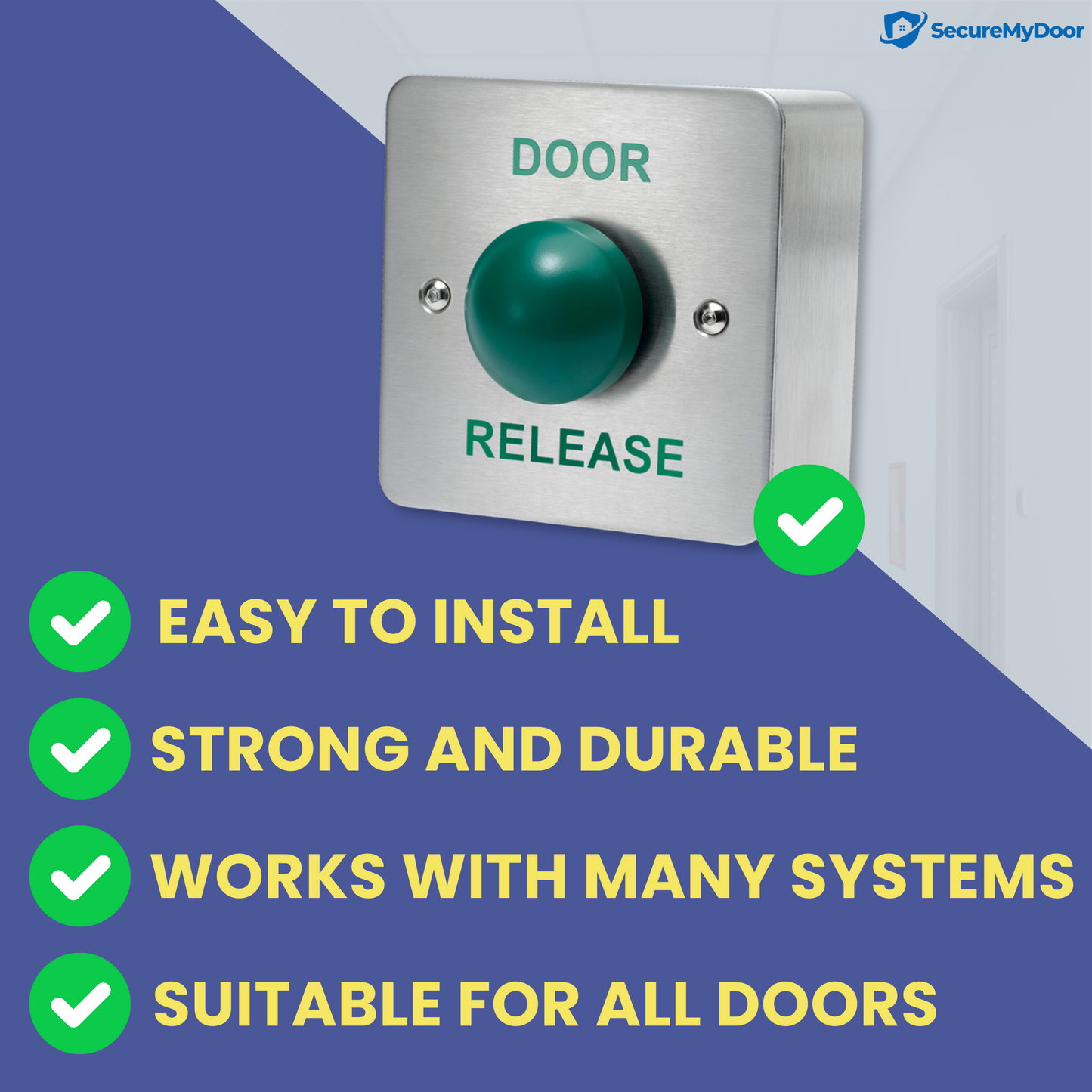 DOOR RELEASE Green Dome Button Push Press To Exit Switch - Brushed Stainless Steel, Versatile & Easy Installation, Ideal for Commercial, Residential, and Industrial Buildings