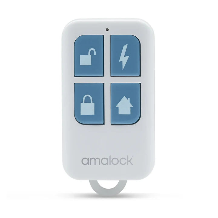 SecureMyDoor ALM1000-REMOTE replacement remote control for Alm1000 alarm kit, featuring buttons and compact design.