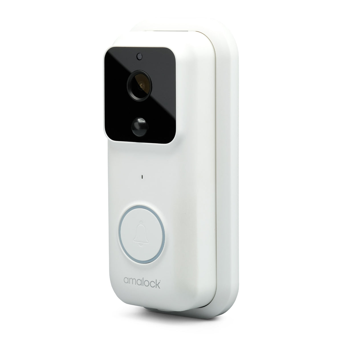 SecureMyDoor Amalock Smart Living DB301-White wireless Wi-Fi video camera mounted on a wall for home security monitoring.