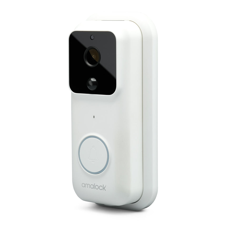 SecureMyDoor Amalock Smart Living DB301-White wireless Wi-Fi video camera mounted on a wall for home security monitoring.