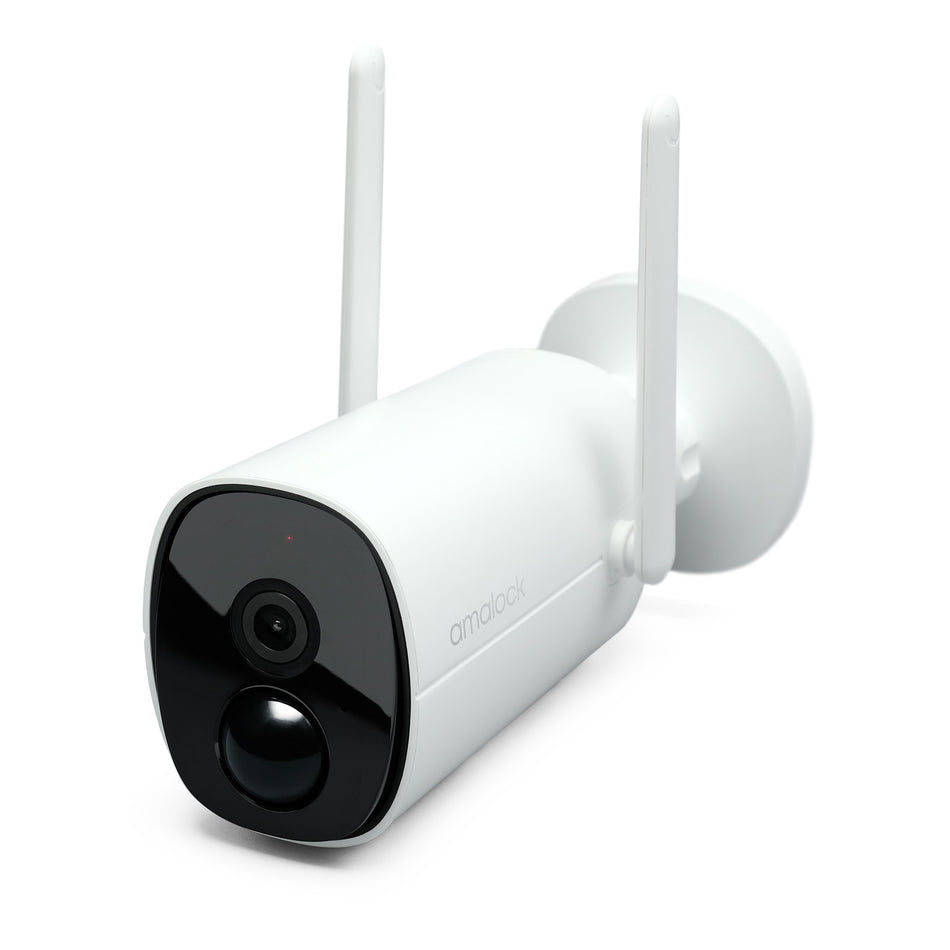 Wireless WI-FI video camera from Amalock Smart Living by SecureMyDoor, showing a sleek black security camera with lens and mounting bracket.